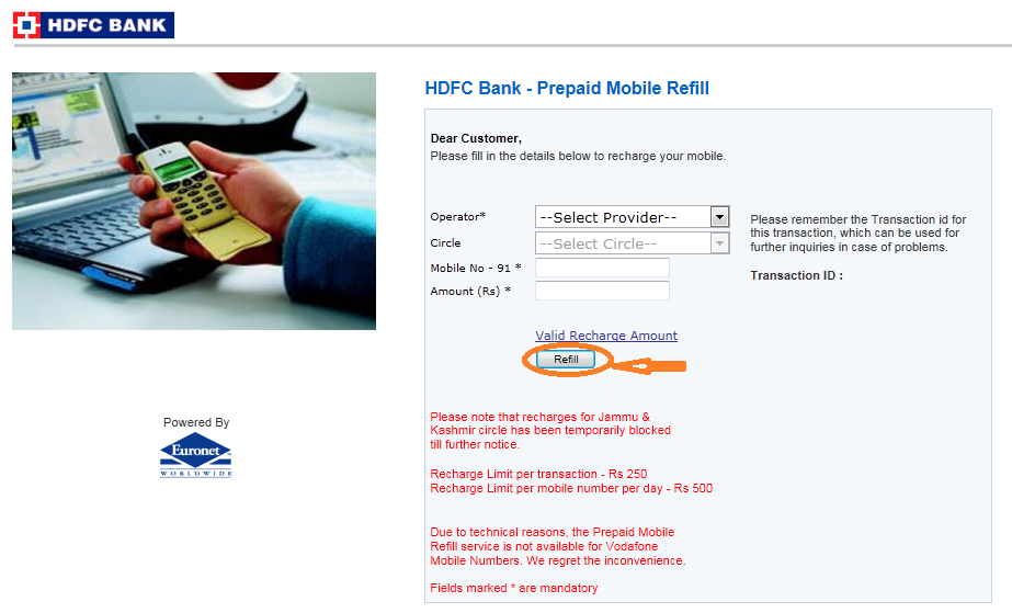 HDFC Bank online Mobile Recharge